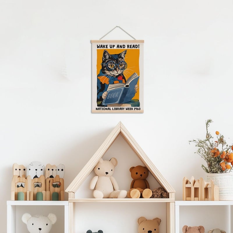 XFN Funny Reading Cat Poster Hanger, Reading Nook Library Decor Wall Decor, Educational Posters Wall Art Wall Hanging Banner Farmhouse Classroom Bedroom Reading Room Apartment Home Decor - Image 3